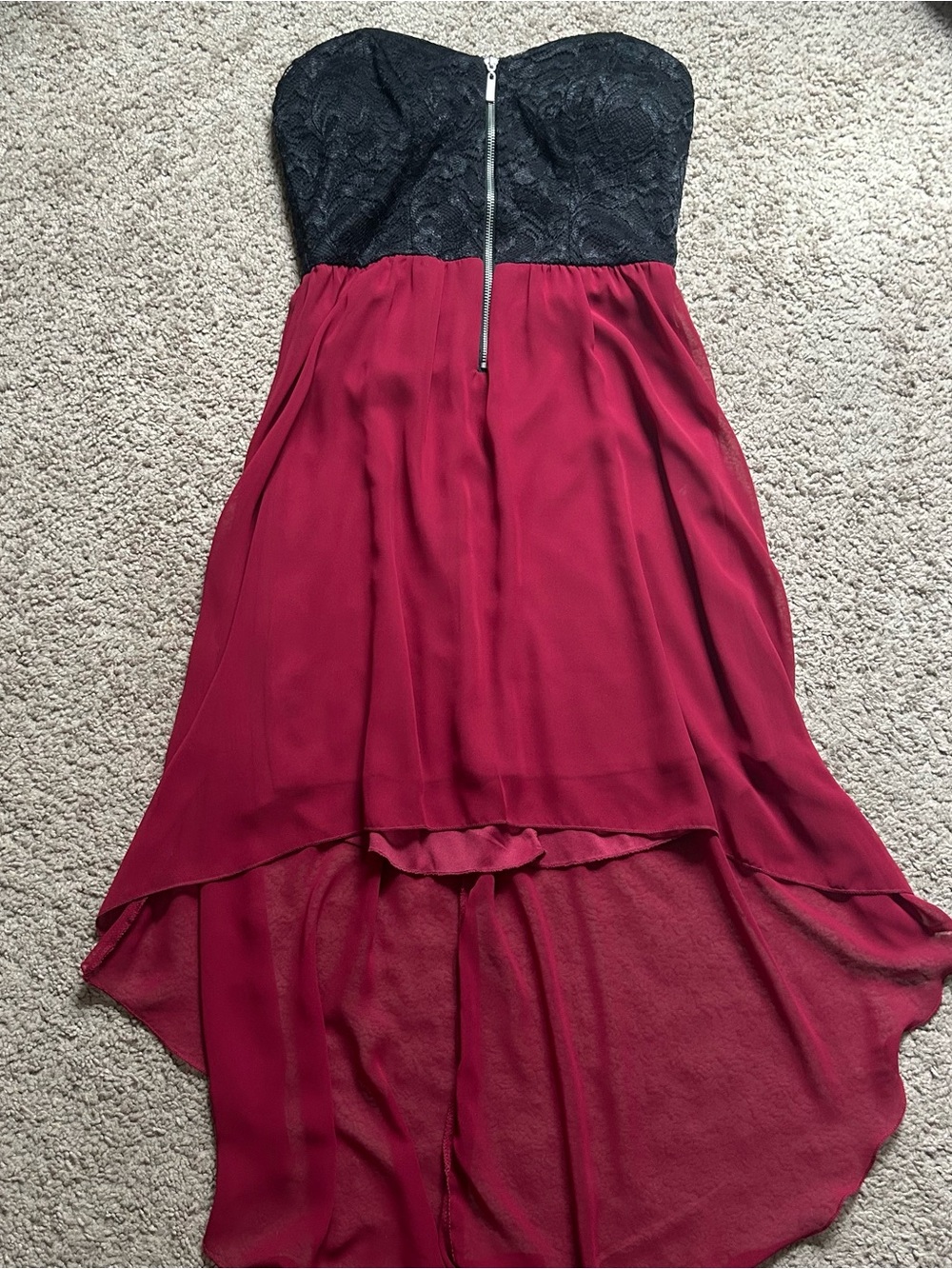 NWOT B Darlin Strapless Black Lace & Wine Red Hi-Low Dress Size 9/10